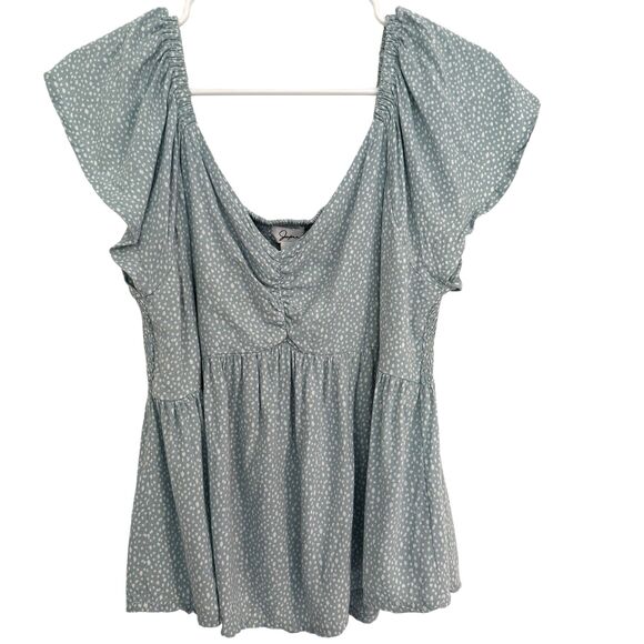 JAPNA Women's Size LARGE Smocked Flutter Sleeve Blouse Light Green White Print - Picture 1 of 3